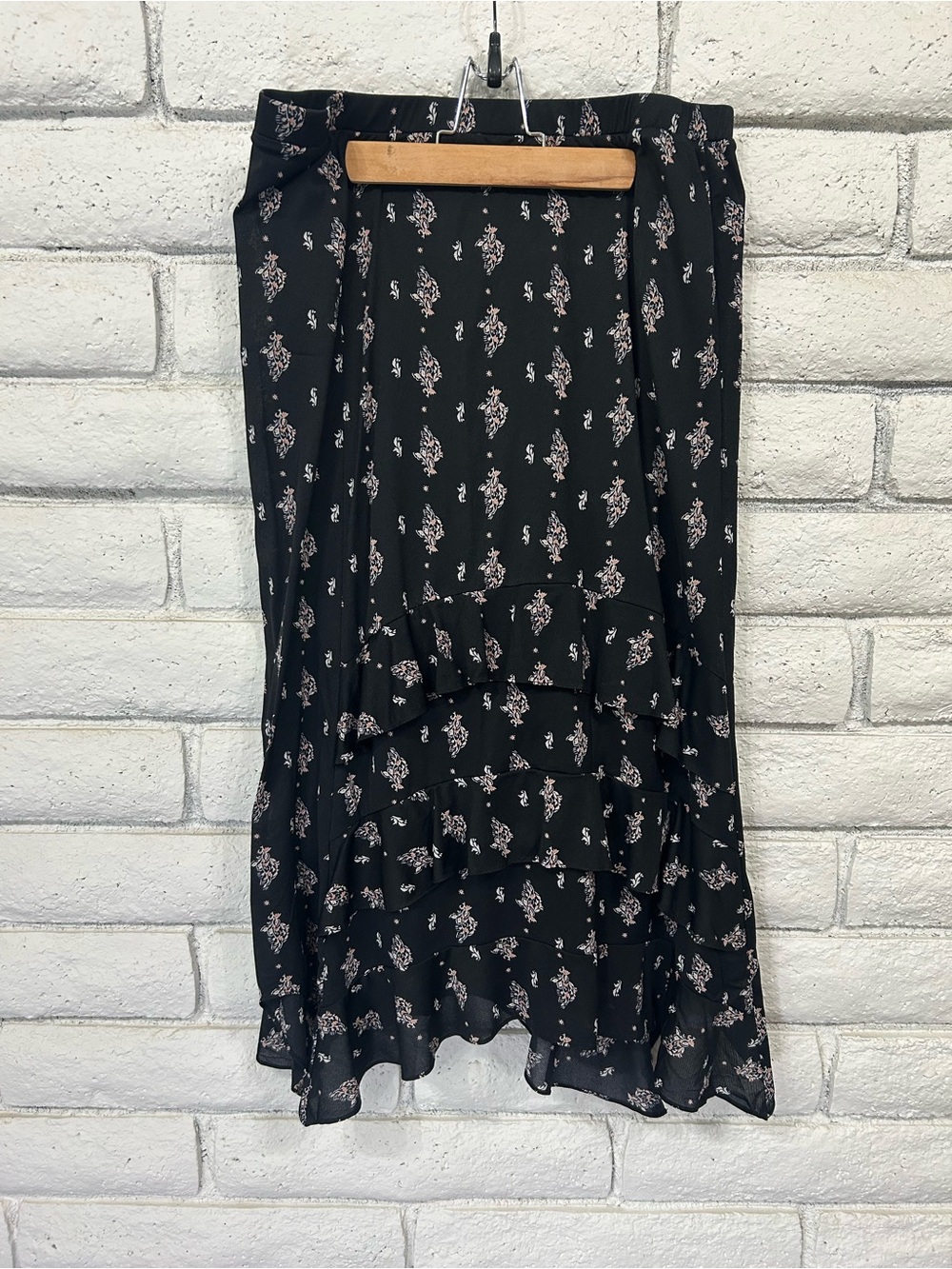 Style Co Black Boho Ruffle Midi Skirt Floral Print Size Large